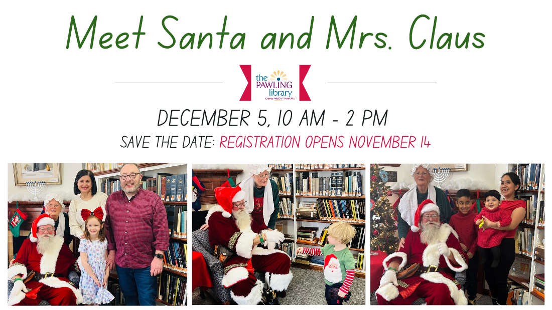 Three side by side photos of different families smiling with Santa and Mrs. Claus. Text reads "Meet Santa and Mrs. Claus: December 5, 10 AM - 2 PM. Save the date: Registration opens November 14."